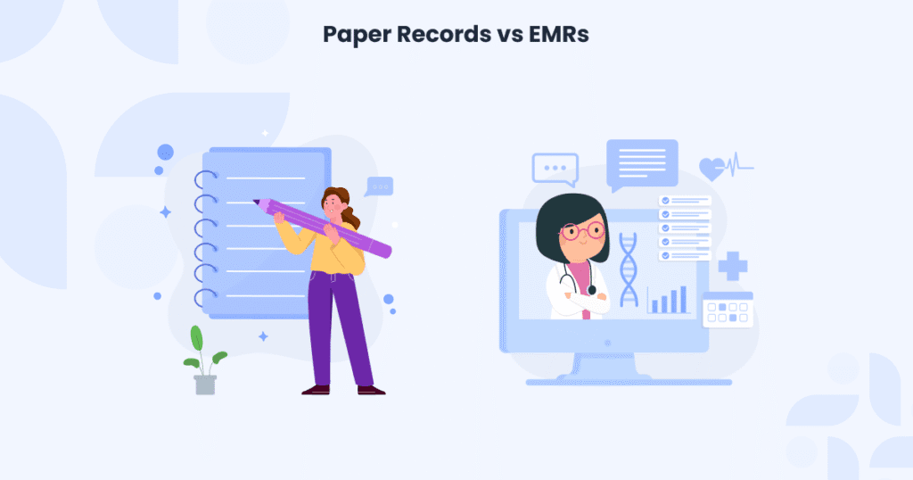 Paper medical records are physical documents, whereas Electronic Medical Records (EMRs) are digital versions of patient information